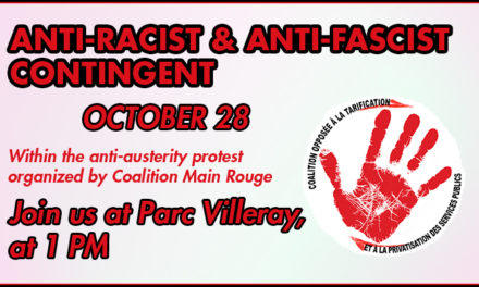Join our anti-fascist and anti-racist contingent in the October 28 anti-austerity protest!