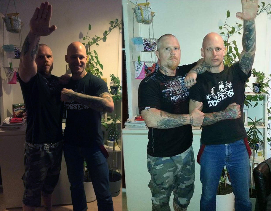  Philippe Gendron of the Soldiers of Odin gives the Nazi salute in the company of Benoit Asselin, a close associate of the Québec Stomper Crew.