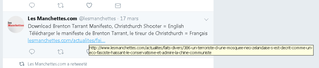  A tweet from Lesmanchettes.com encouraging people to download the Christchurch terrorist’s manifesto.