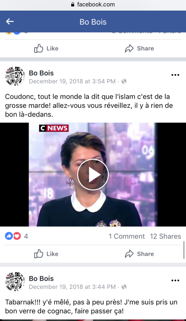  Exemple de commentaire islamophobe publié par André Boies sur Facebook.