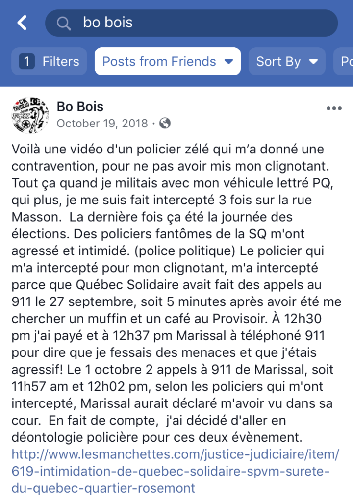  André Boies recounts his encounter with police after he allegedly harassed people around a private Québec Solidaire event in Rosemont.