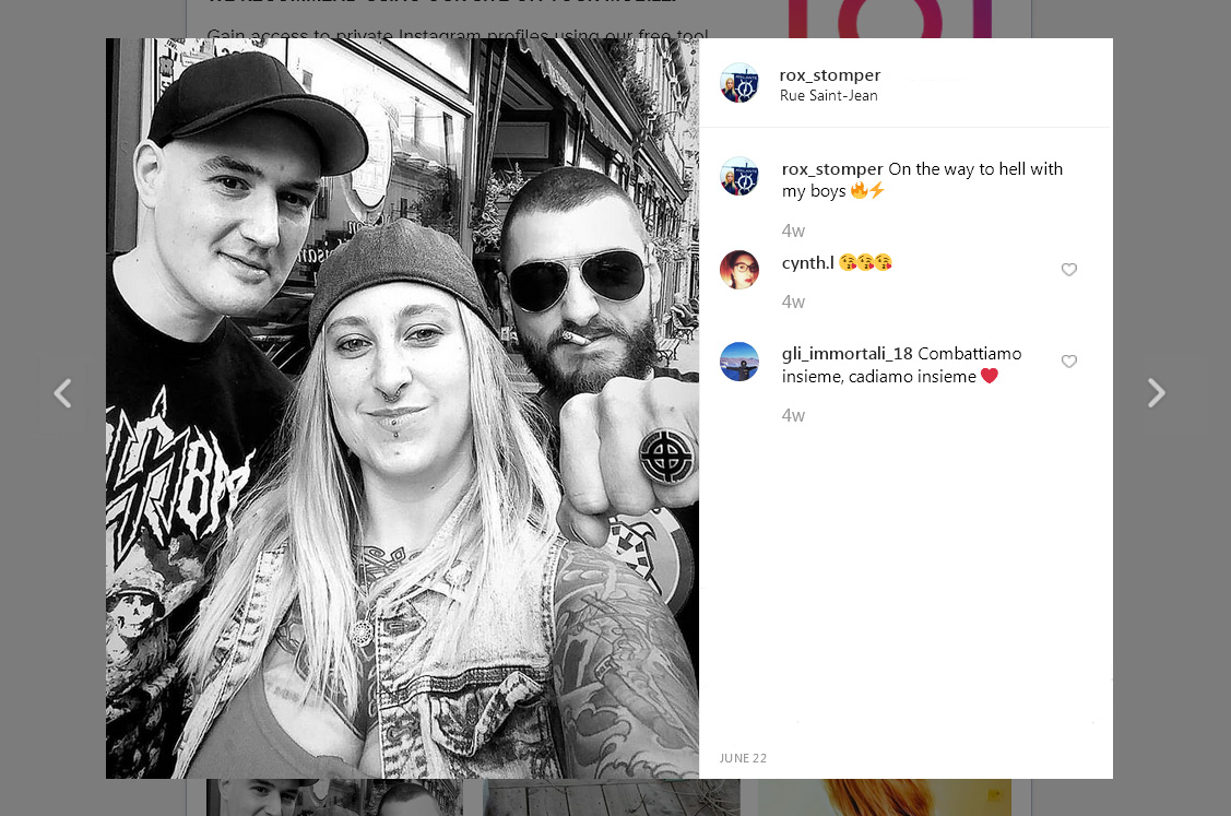  Dans ce preview Instagram, Louis Fernandez exhibe une bague figurant l’emblème White Power, juin 2019. Avec Sven Côté et Roxanne Baron.