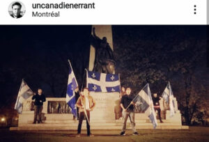  Le Front canadien-français devant le monument de Dollar Des Ormeaux, le 18 mai 2020, à Montréal.