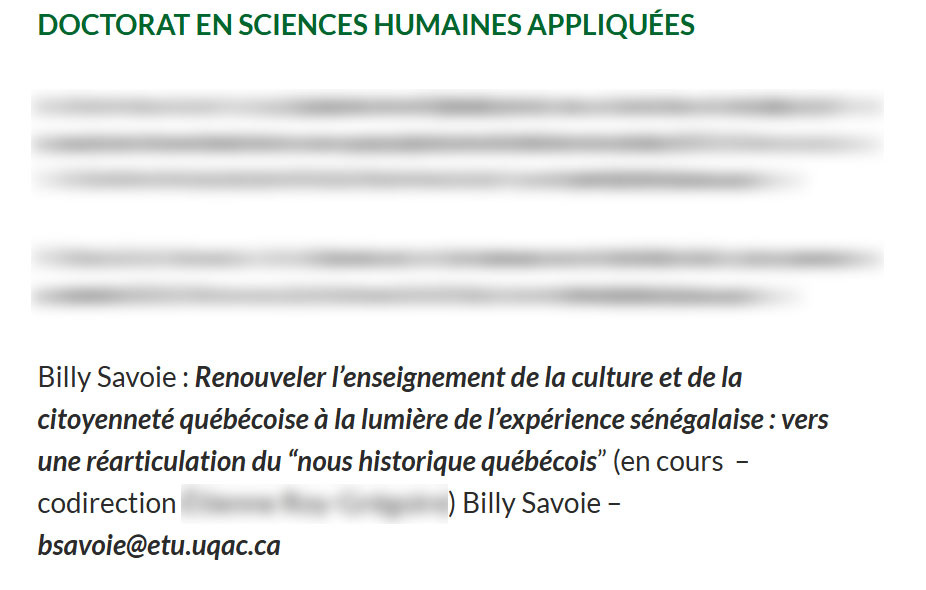 Le sujet de thèse de Billy Savoie.