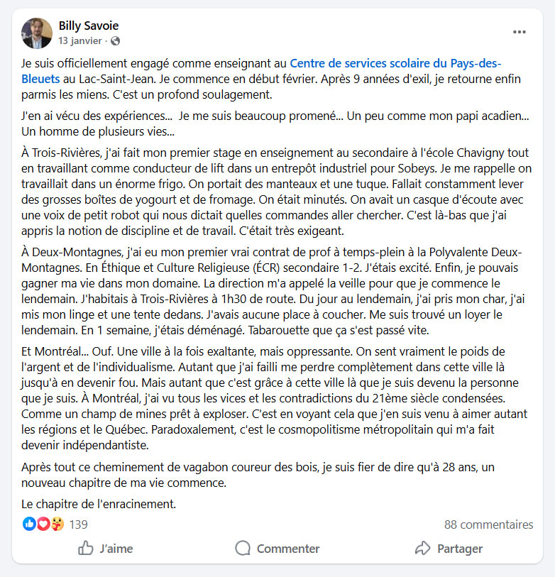 Billy Savoie affiche son parcours académique et professionnel après avoir été embauché par le Centre de services scolaire du Pays-des-Bleuets.