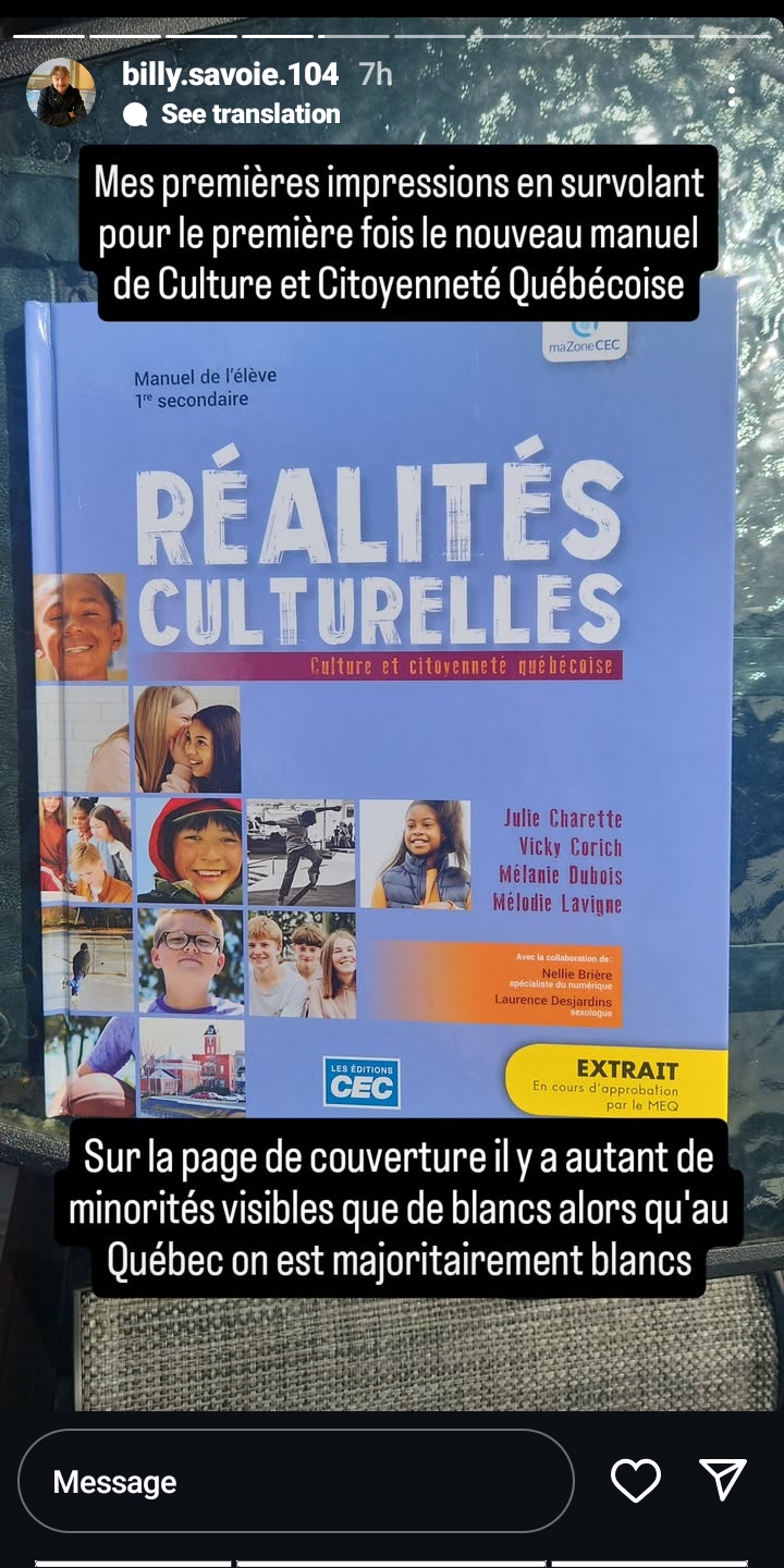 Savoie trouve qu'il y a trop de personnes non blanches sur le manuel de CCQ.