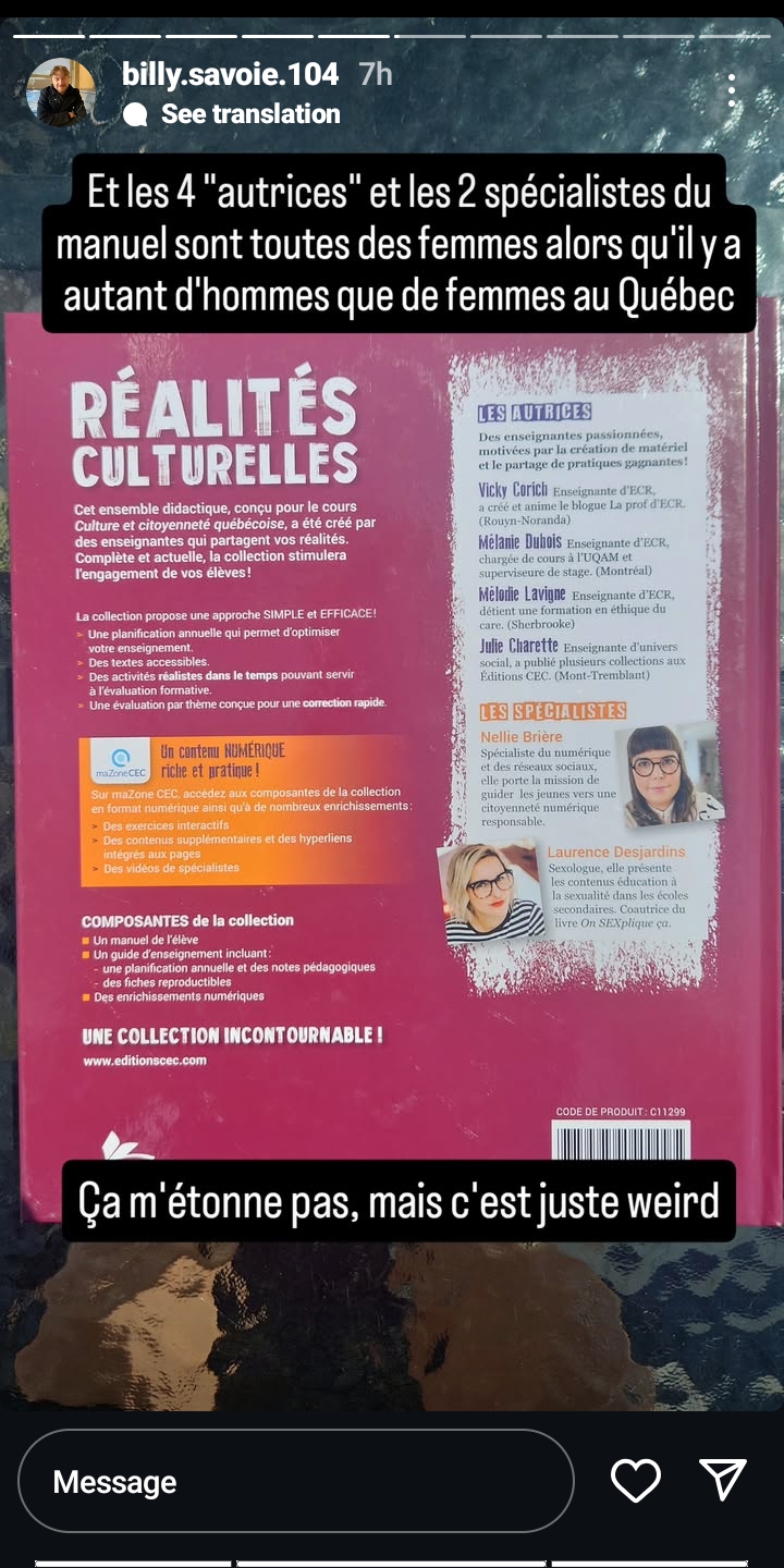 Savoie trouve qu'il y a trop de femmes qui ont travaillé sur le manuel de CCQ.