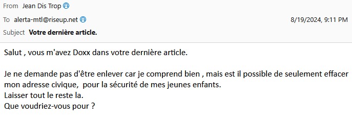 Courriel reçu de Martin Brouillette le 19 août 2024, le jour même de la parution de l'article de Montréal Antifasciste sur le Frontenac Active Club.