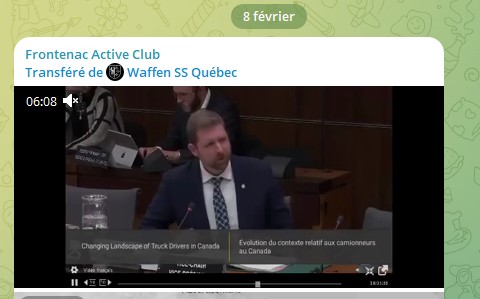 Publication de la chaîne Waffen SS Québec sur Telegram, relayée par le Frontenac Active Club.