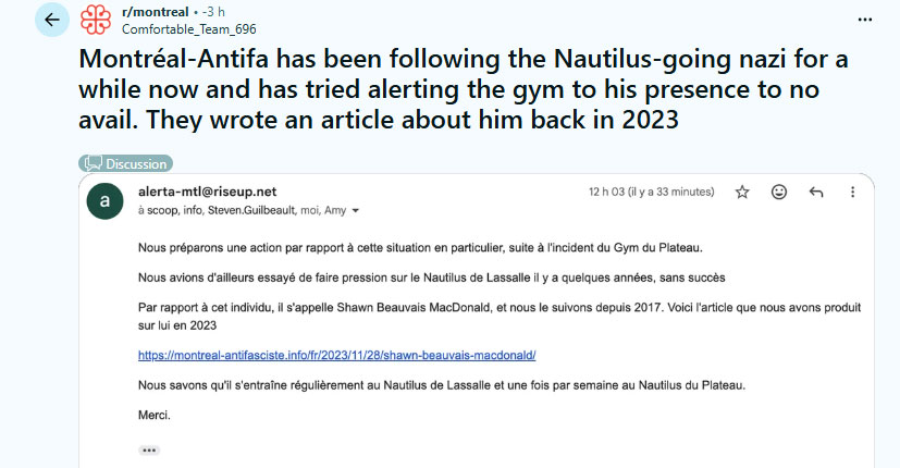 De nombreuses démarches ont été entreprises auprès de l'administraion des gyms Nautilus Plus pour l'alerter du fait qu'un néonazi notoire se sert de ses installations et ose même s'y afficher avec des symboles nazis.